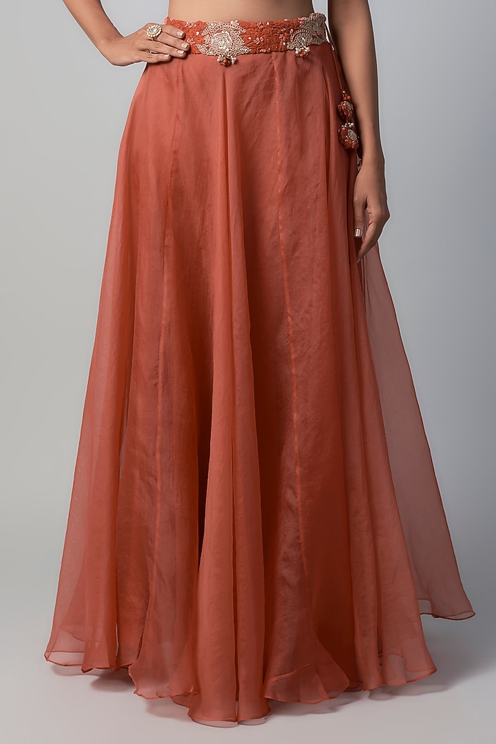Deep Orange Organza Dori Embroidered Skirt Set by Prisho at Pernia's Pop Up Shop