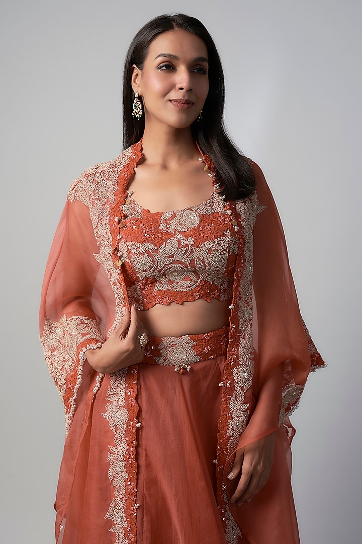 Deep Orange Organza Dori Embroidered Skirt Set by Prisho at Pernia's Pop Up Shop