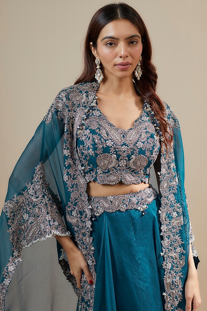 Navy Blue Maal Work Organza Skirt Set by Prisho at Pernia's Pop Up Shop