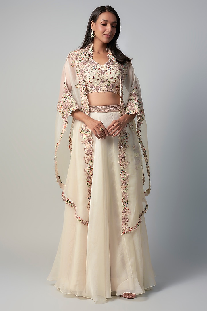 Ivory Organza Resham Embroidered Skirt Set by Prisho at Pernia's Pop Up Shop