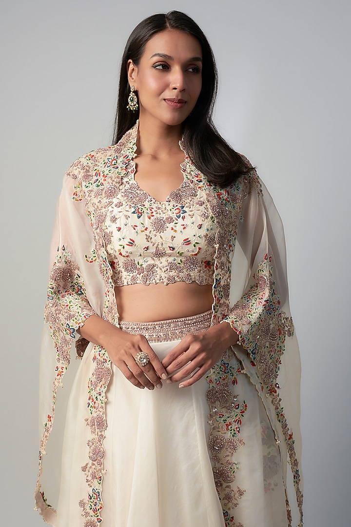 Ivory Organza Resham Embroidered&nbsp;Skirt&nbsp;Set by Prisho at Pernia's Pop Up Shop