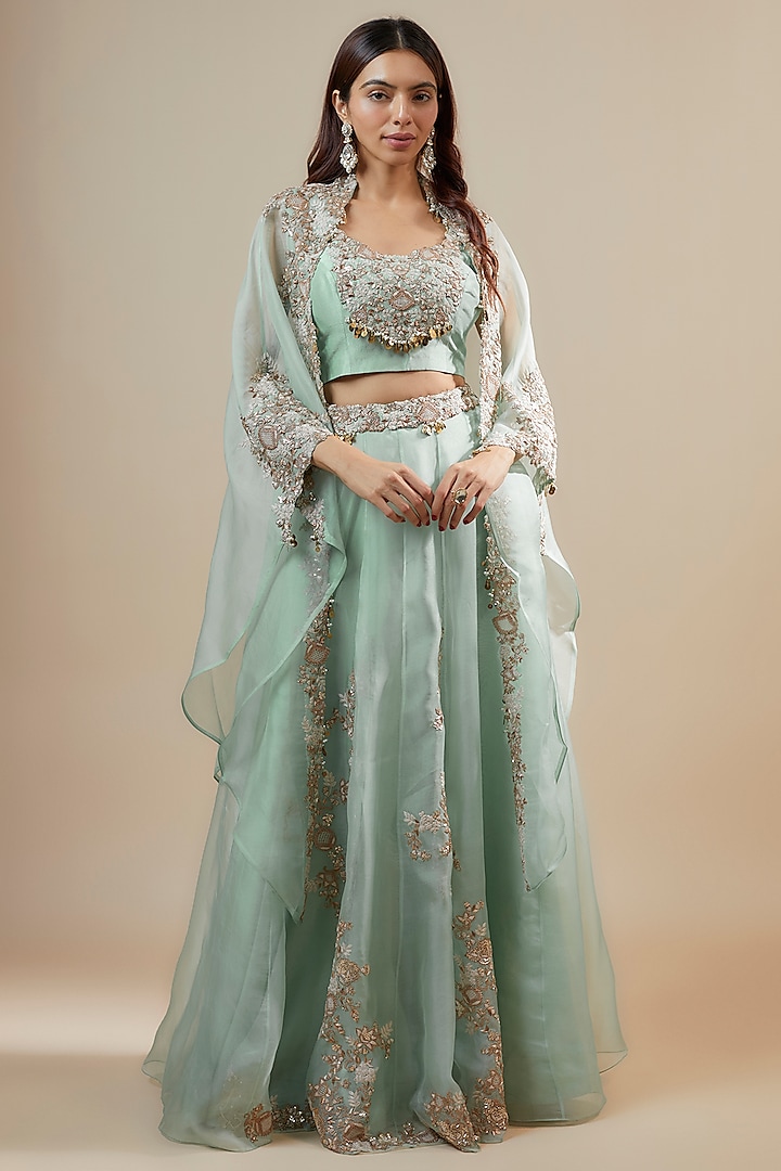 Aqua Organza Dori & Resham Work Kalidar Skirt Set by Prisho at Pernia's Pop Up Shop