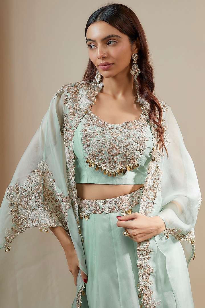 Aqua Organza Dori & Resham Work Kalidar Skirt Set by Prisho at Pernia's Pop Up Shop
