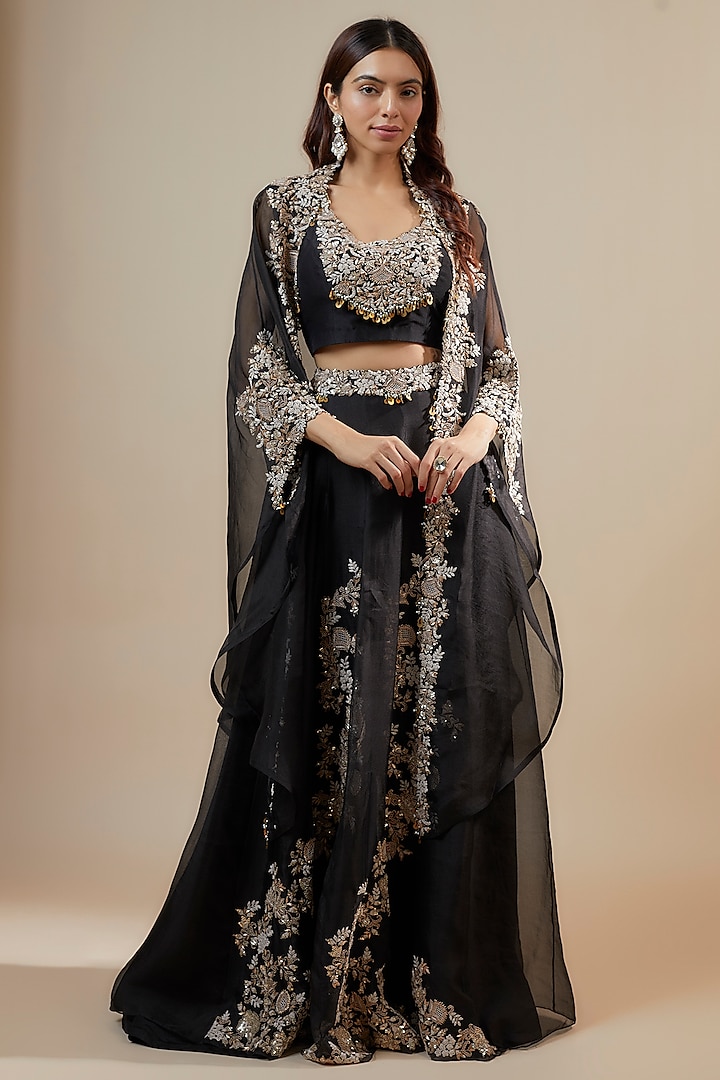 Black Organza Resham Embroidered Kalidar Skirt Set by Prisho