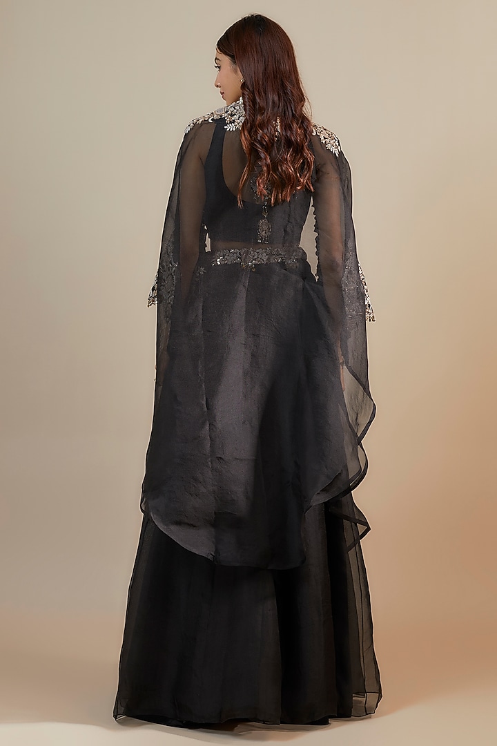 Black Organza Resham Embroidered Kalidar Skirt Set by Prisho at Pernia's Pop Up Shop