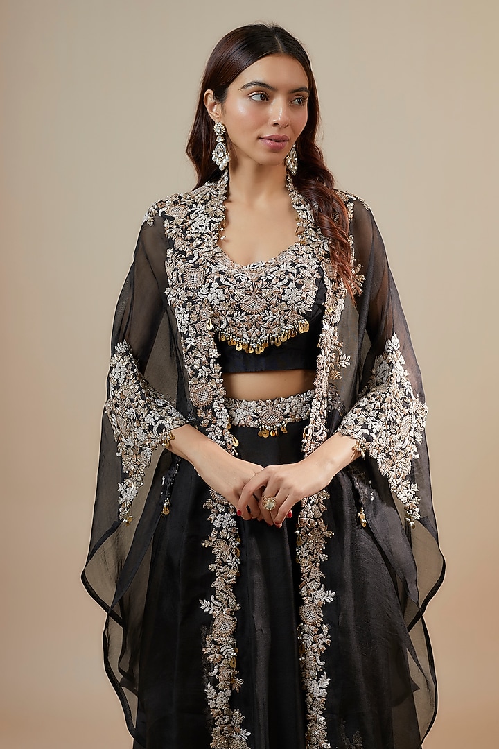 Black Organza Resham Embroidered Kalidar Skirt Set by Prisho at Pernia's Pop Up Shop