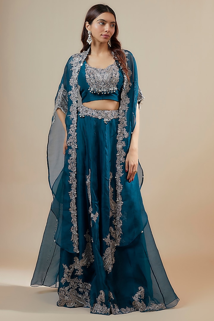 Navy Blue Organza Zari Embroidered Kalidar Skirt Set by Prisho