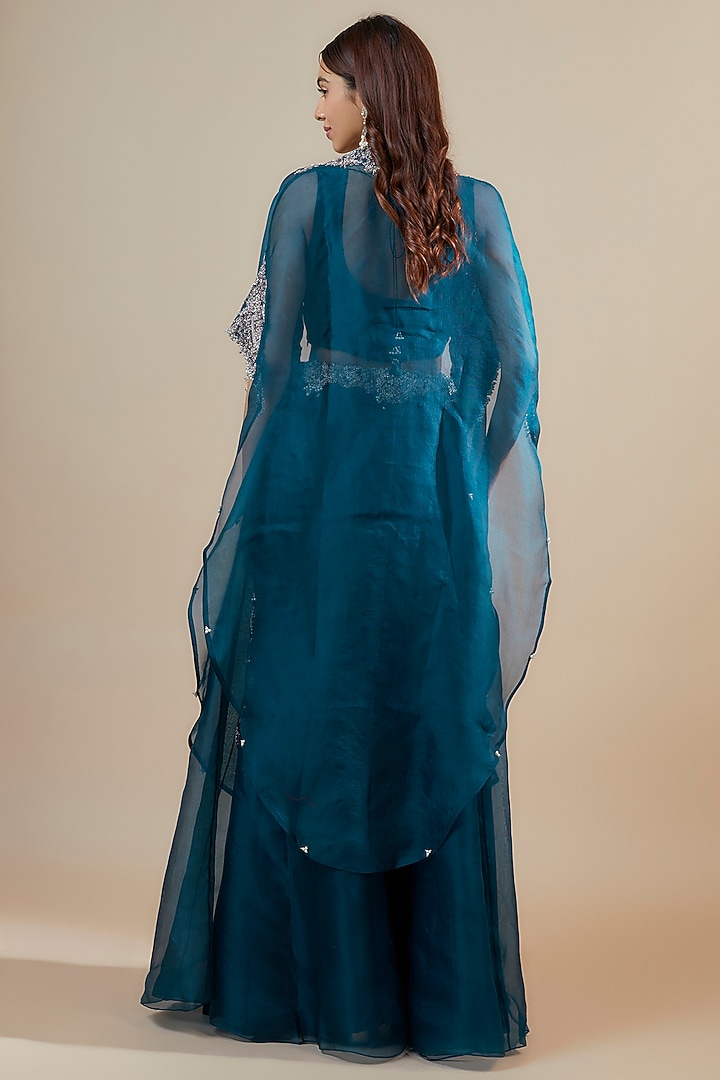 Navy Blue Organza Zari Embroidered Kalidar Skirt Set by Prisho at Pernia's Pop Up Shop