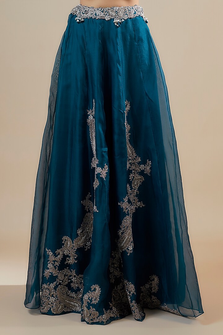 Navy Blue Organza Zari Embroidered Kalidar Skirt Set by Prisho at Pernia's Pop Up Shop