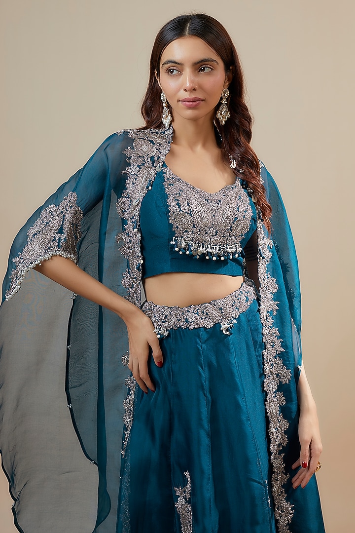 Navy Blue Organza Zari Embroidered Kalidar Skirt Set by Prisho at Pernia's Pop Up Shop
