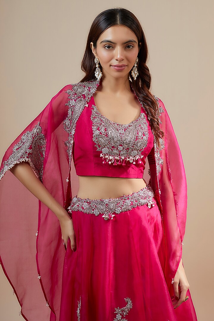 Fuchsia Organza Zari Embroidered Kalidar Skirt Set by Prisho at Pernia's Pop Up Shop
