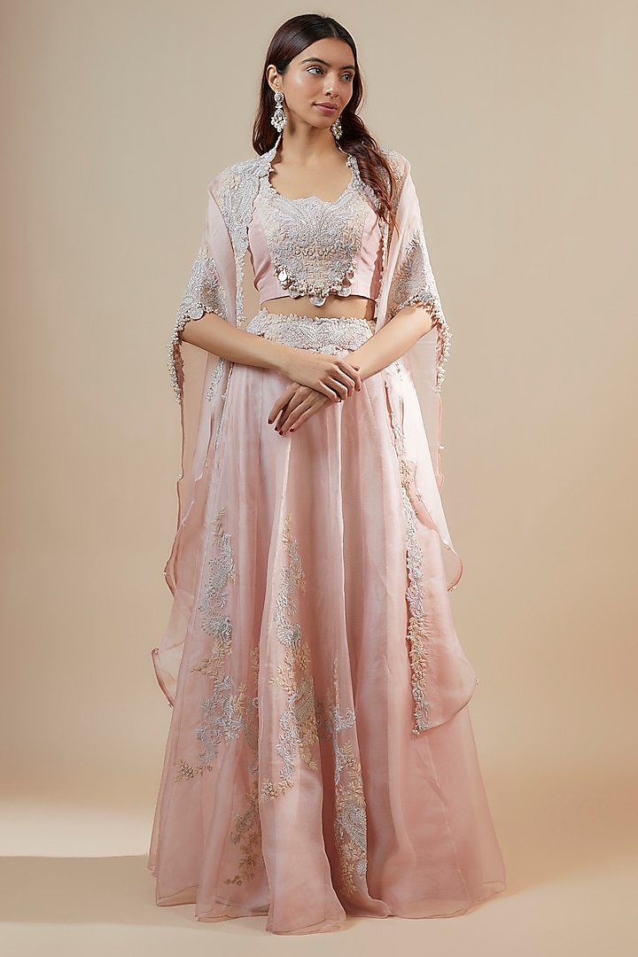 Pink Organza Zari Embroidered Kalidar Skirt Set by Prisho