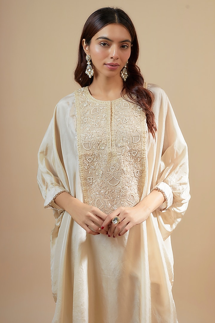 Ivory Crepe Resham Embroidered Kaftan Set by Prisho at Pernia's Pop Up Shop