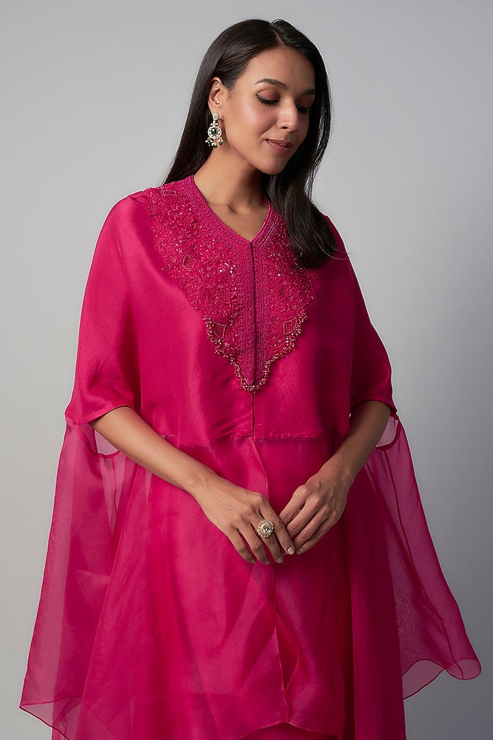 Fuchsia Organza & Silk Resham Embroidered Kaftan Set by Prisho at Pernia's Pop Up Shop