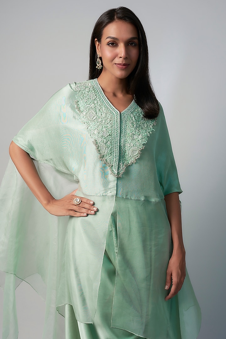 Aqua Organza & Silk Resham Embroidered Kaftan Set by Prisho at Pernia's Pop Up Shop