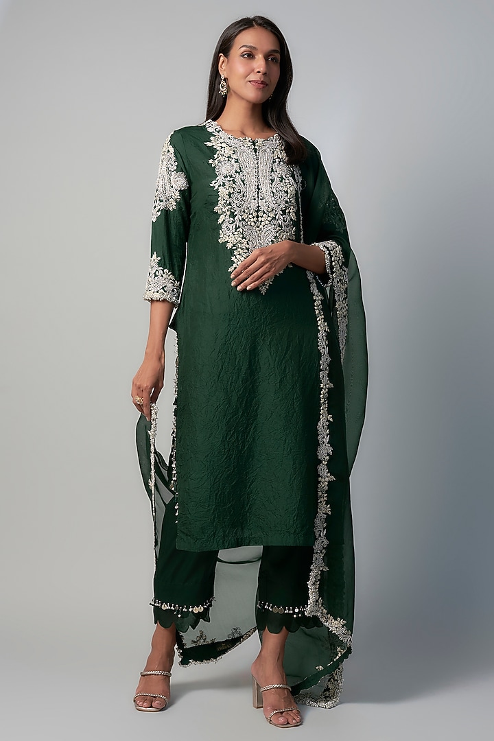 Bottle Green Silk Resham Embroidered Kurta Set by Prisho at Pernia's Pop Up Shop