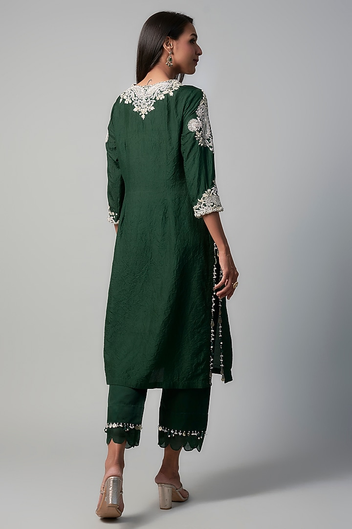 Bottle Green Silk Resham Embroidered Kurta Set by Prisho at Pernia's Pop Up Shop