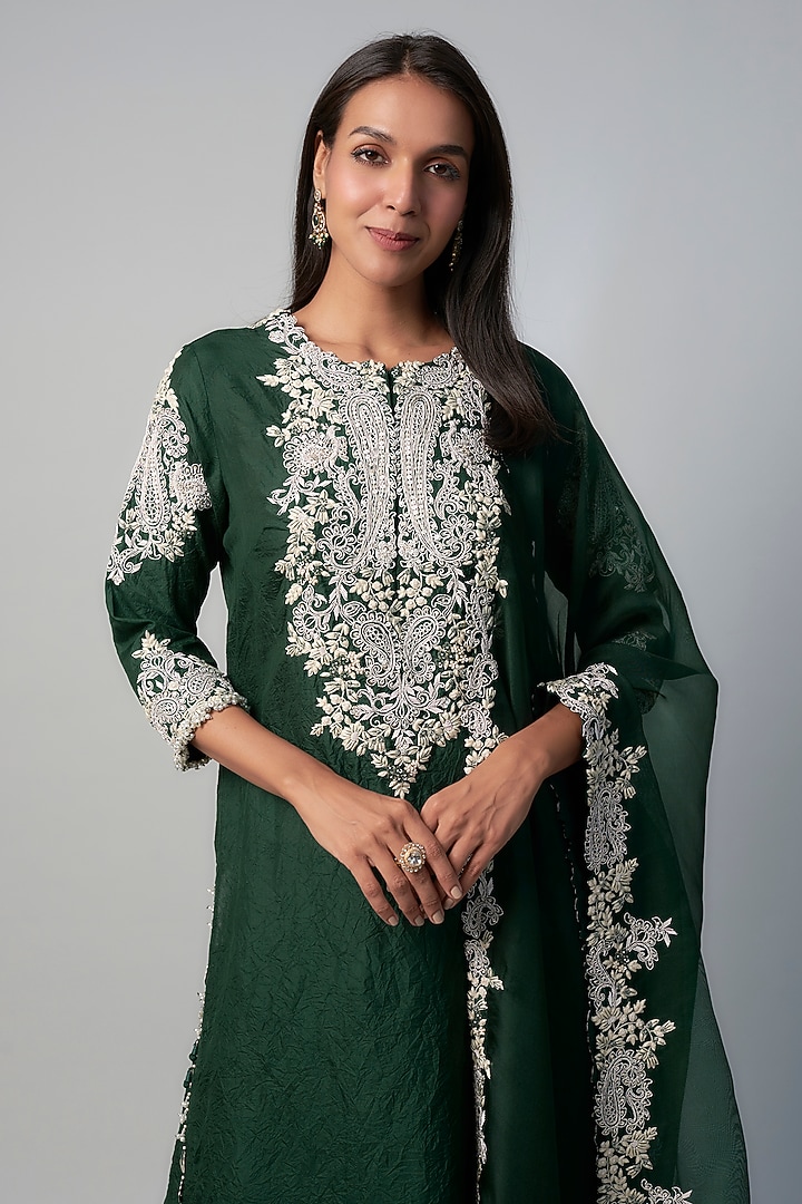Bottle Green Silk Resham Embroidered Kurta Set by Prisho at Pernia's Pop Up Shop