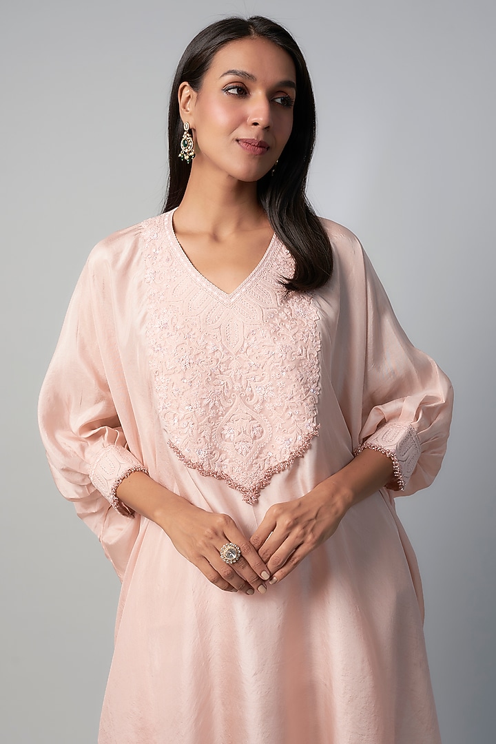 Flamingo Pink Crepe Resham Embroidered Kaftan Set by Prisho at Pernia's Pop Up Shop
