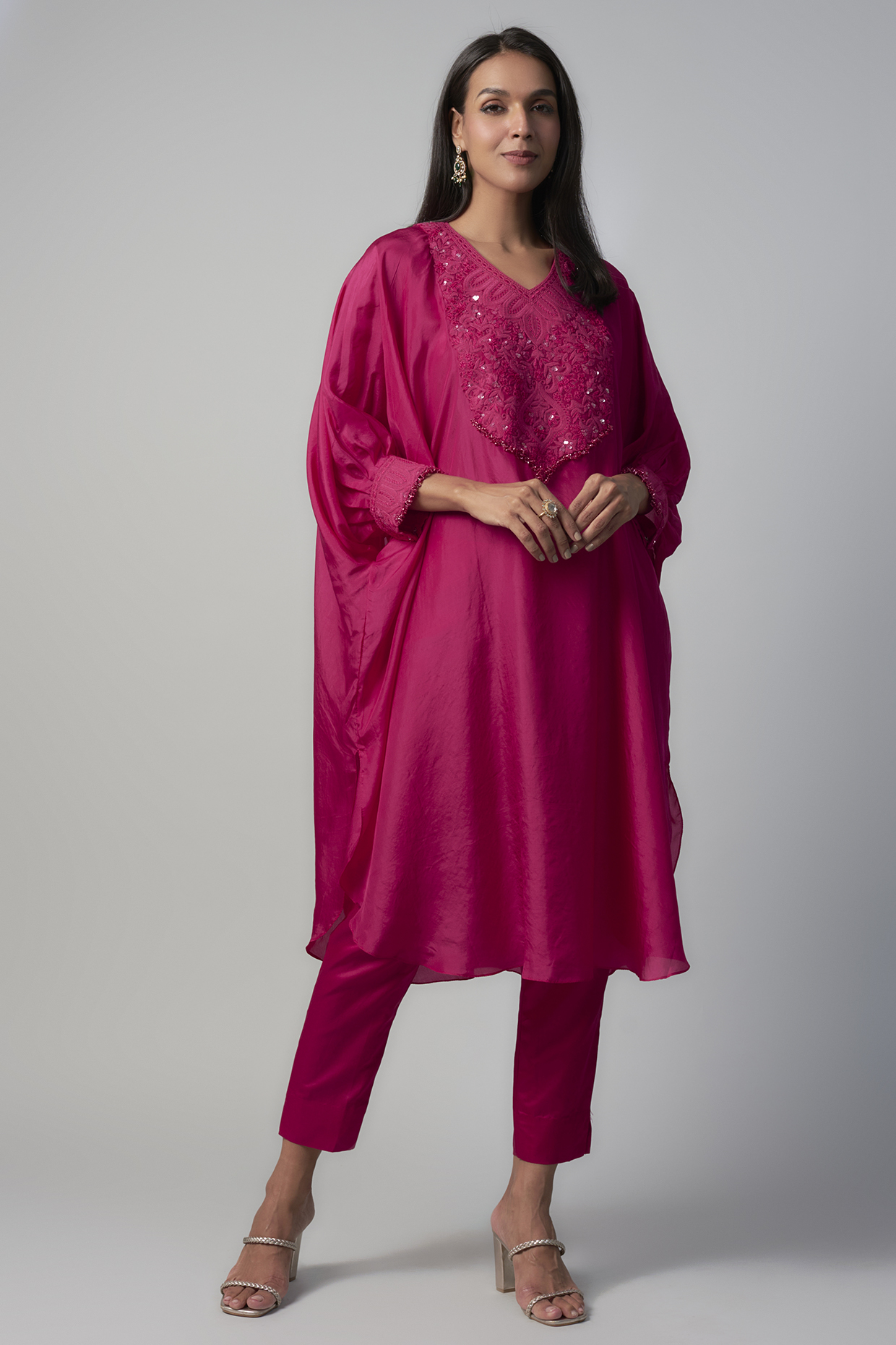 Fuchsia Crepe Resham Embroidered Kaftan Set by Prisho at Pernia's Pop Up Shop