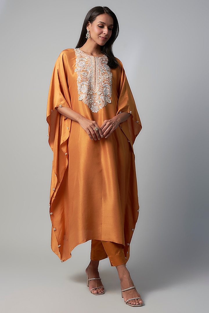 Rust Silk Gota Embroidered Kaftan Set by Prisho at Pernia's Pop Up Shop