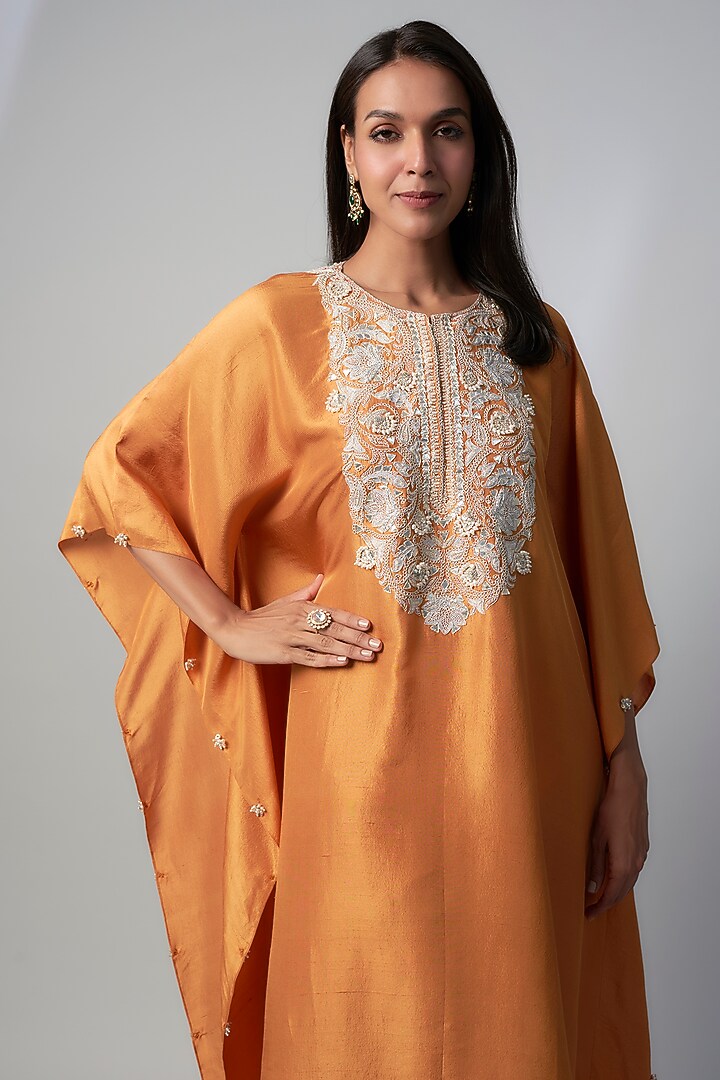 Rust Silk Gota Embroidered Kaftan Set by Prisho at Pernia's Pop Up Shop
