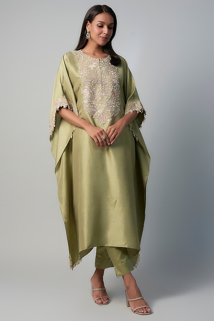 Sea Green Silk Resham Embroidered Kaftan Set by Prisho at Pernia's Pop Up Shop