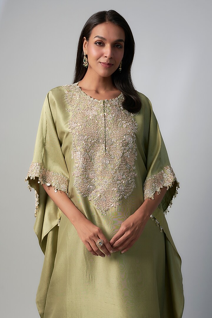 Sea Green Silk Resham Embroidered Kaftan Set by Prisho at Pernia's Pop Up Shop