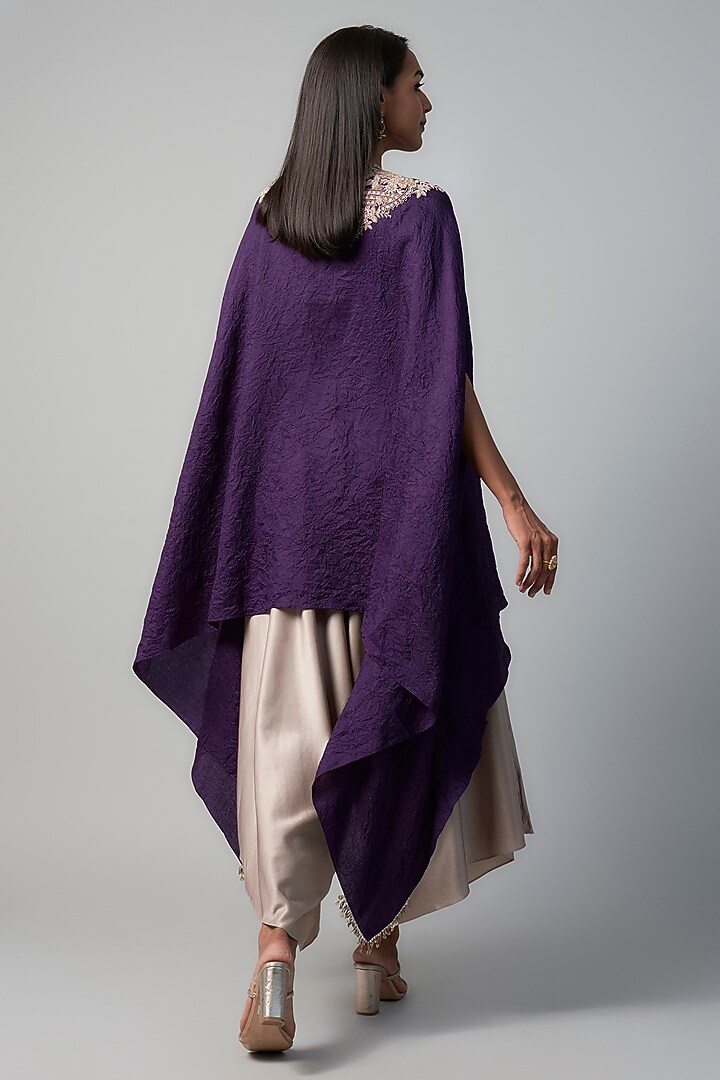 Dark Purple Silk Zari Embroidered Crushed Kaftan Set by Prisho at Pernia's Pop Up Shop