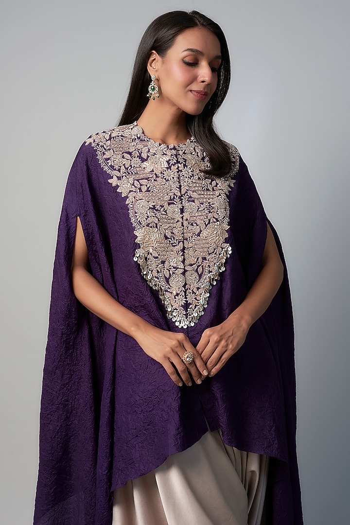 Dark Purple Silk Zari Embroidered Crushed Kaftan Set by Prisho at Pernia's Pop Up Shop