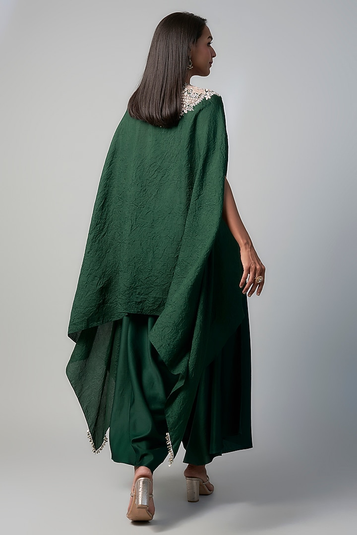 Bottle Green Silk Zari Embroidered Crushed Kaftan Set by Prisho at Pernia's Pop Up Shop