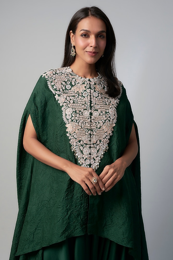 Bottle Green Silk Zari Embroidered Crushed Kaftan Set by Prisho at Pernia's Pop Up Shop