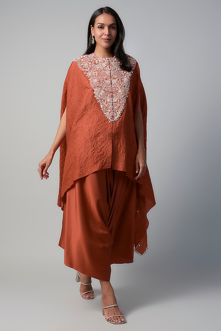 Deep Orange Silk Zari Embroidered Crushed Kaftan Set by Prisho at Pernia's Pop Up Shop