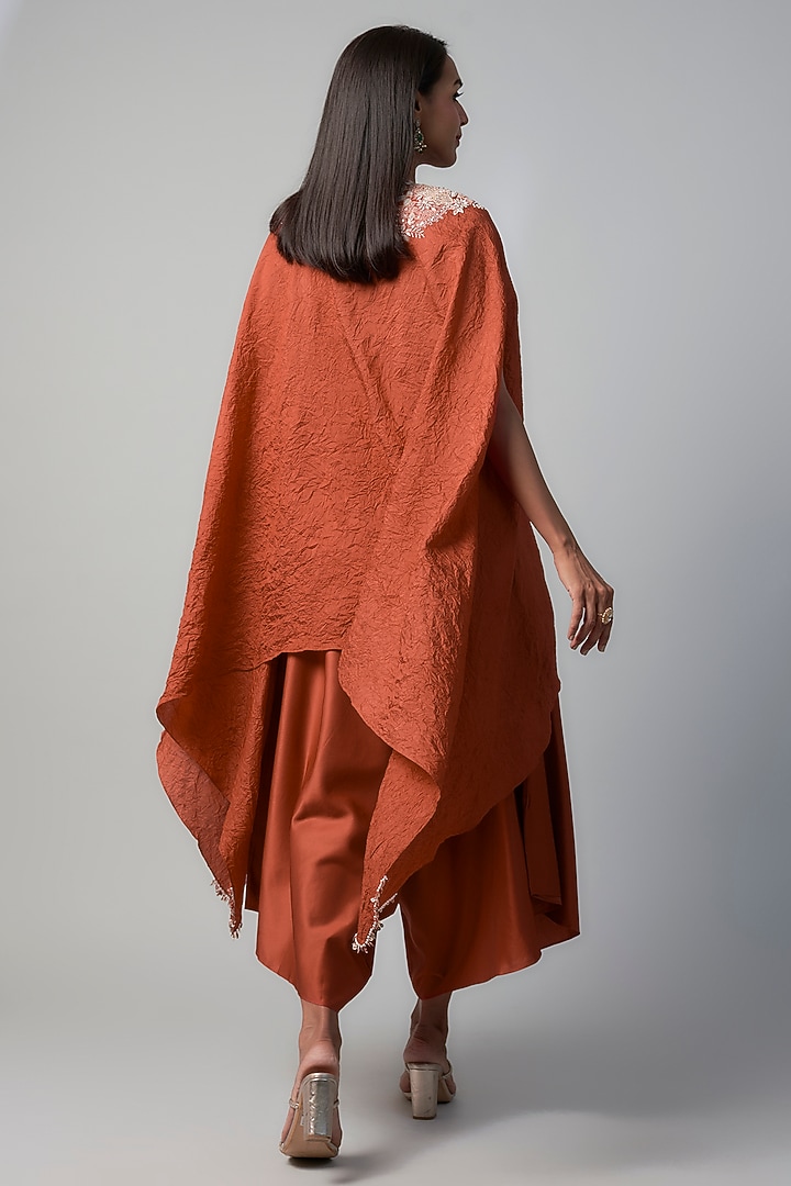 Deep Orange Silk Zari Embroidered Crushed Kaftan Set by Prisho at Pernia's Pop Up Shop