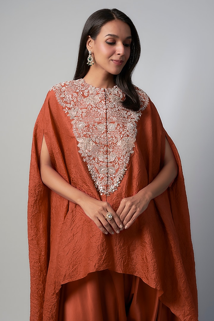 Deep Orange Silk Zari Embroidered Crushed Kaftan Set by Prisho at Pernia's Pop Up Shop