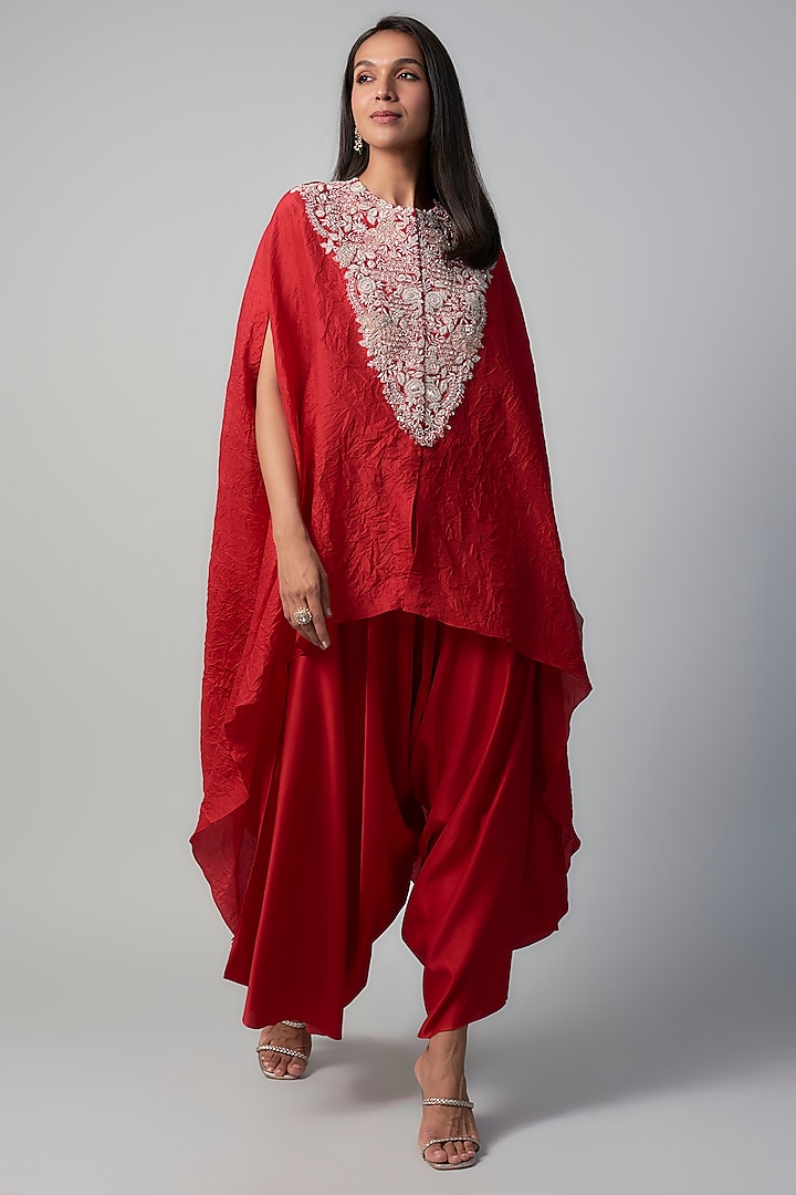 Red Silk Zari Embroidered Crushed Kaftan Set by Prisho