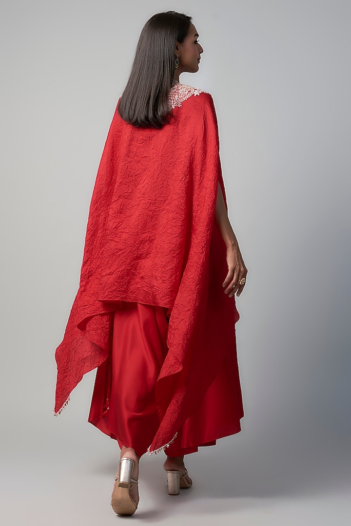 Red Silk Zari Embroidered Crushed Kaftan Set by Prisho at Pernia's Pop Up Shop