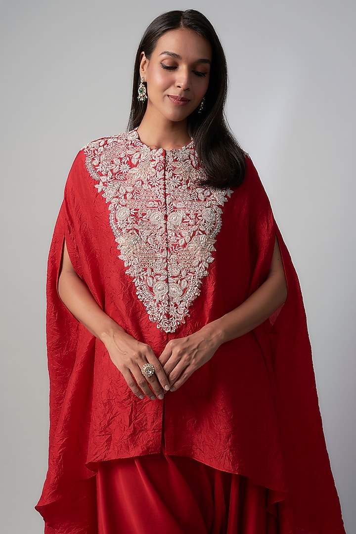 Red Silk Zari Embroidered Crushed Kaftan Set by Prisho at Pernia's Pop Up Shop
