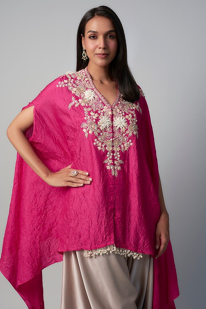 Fuchsia Silk Resham Embroidered Crushed Kaftan Set by Prisho at Pernia's Pop Up Shop