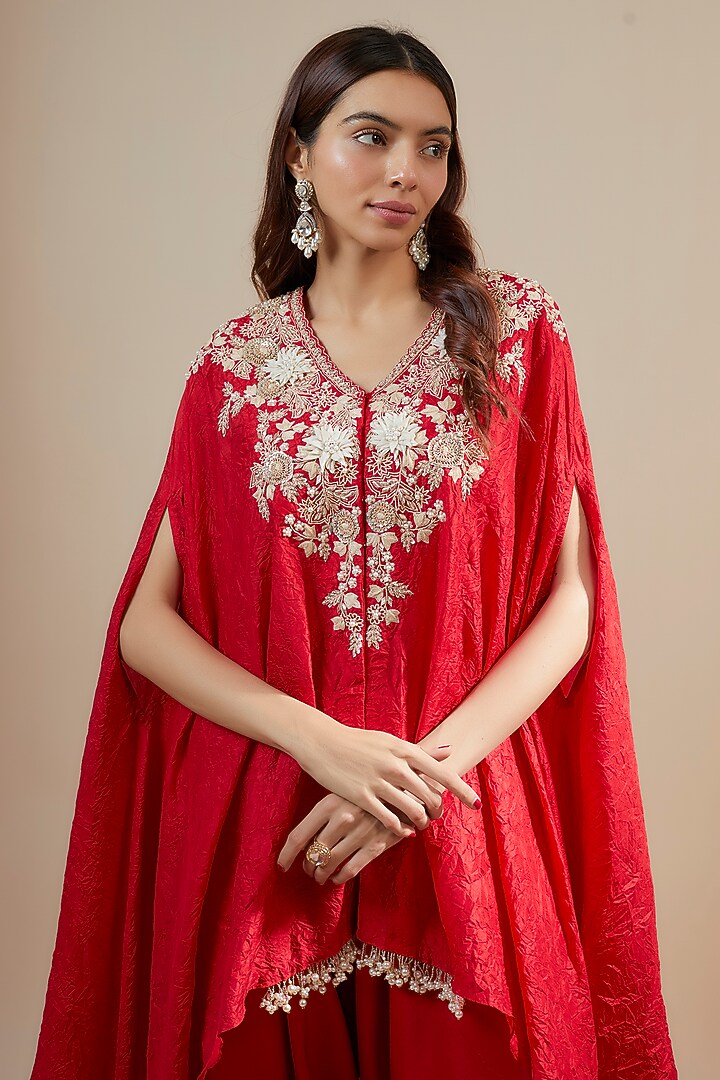 Red Crushed Silk Resham Embroidered Kaftan Set by Prisho at Pernia's Pop Up Shop