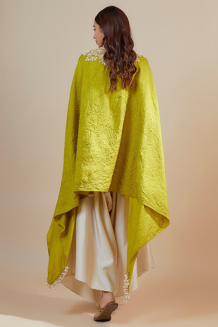 Lime Green Crushed Silk Resham Embroidered Kaftan Set by Prisho at Pernia's Pop Up Shop