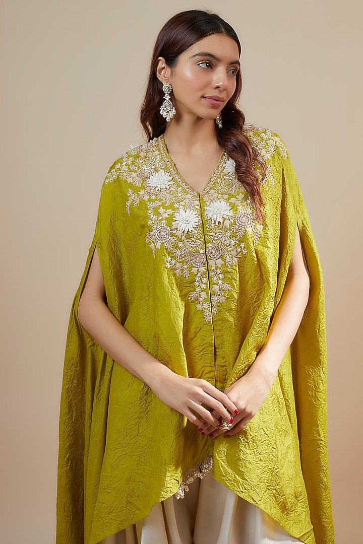 Lime Green Crushed Silk Resham Embroidered Kaftan Set by Prisho at Pernia's Pop Up Shop