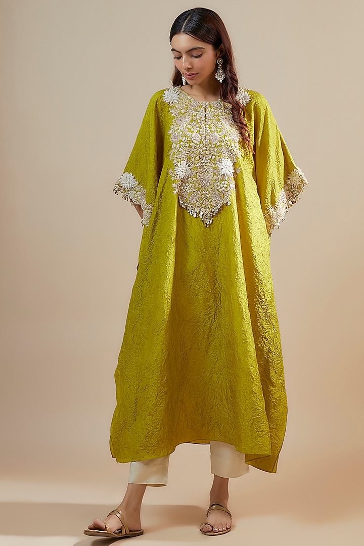 Lime Green Crushed Silk Resham Embroidered Kaftan Set by Prisho at Pernia's Pop Up Shop