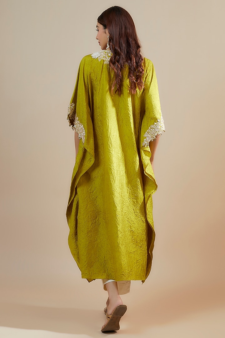 Lime Green Crushed Silk Resham Embroidered Kaftan Set by Prisho at Pernia's Pop Up Shop