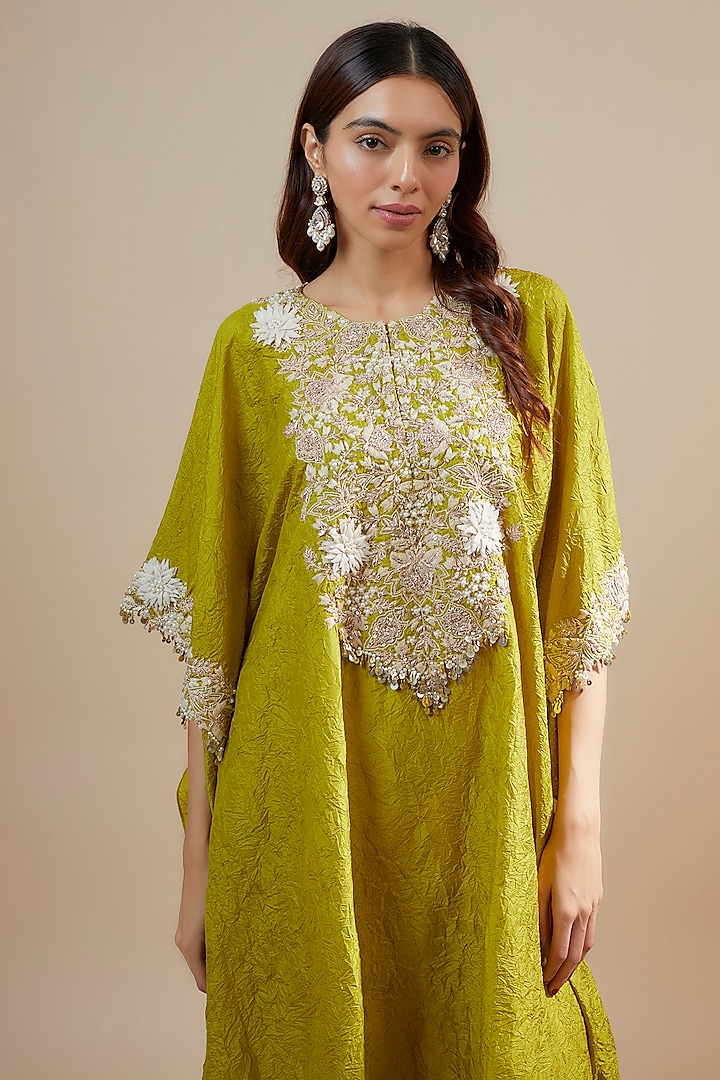 Lime Green Crushed Silk Resham Embroidered Kaftan Set by Prisho at Pernia's Pop Up Shop