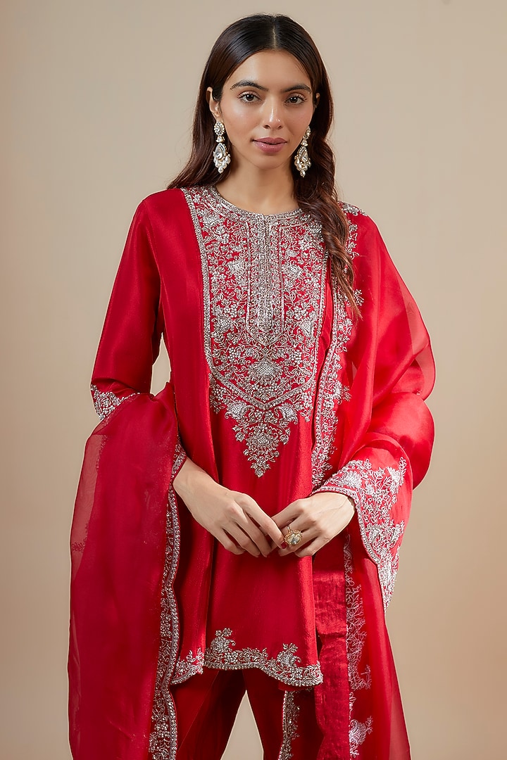 Red Silk Resham Embroidered Kurta Set by Prisho at Pernia's Pop Up Shop