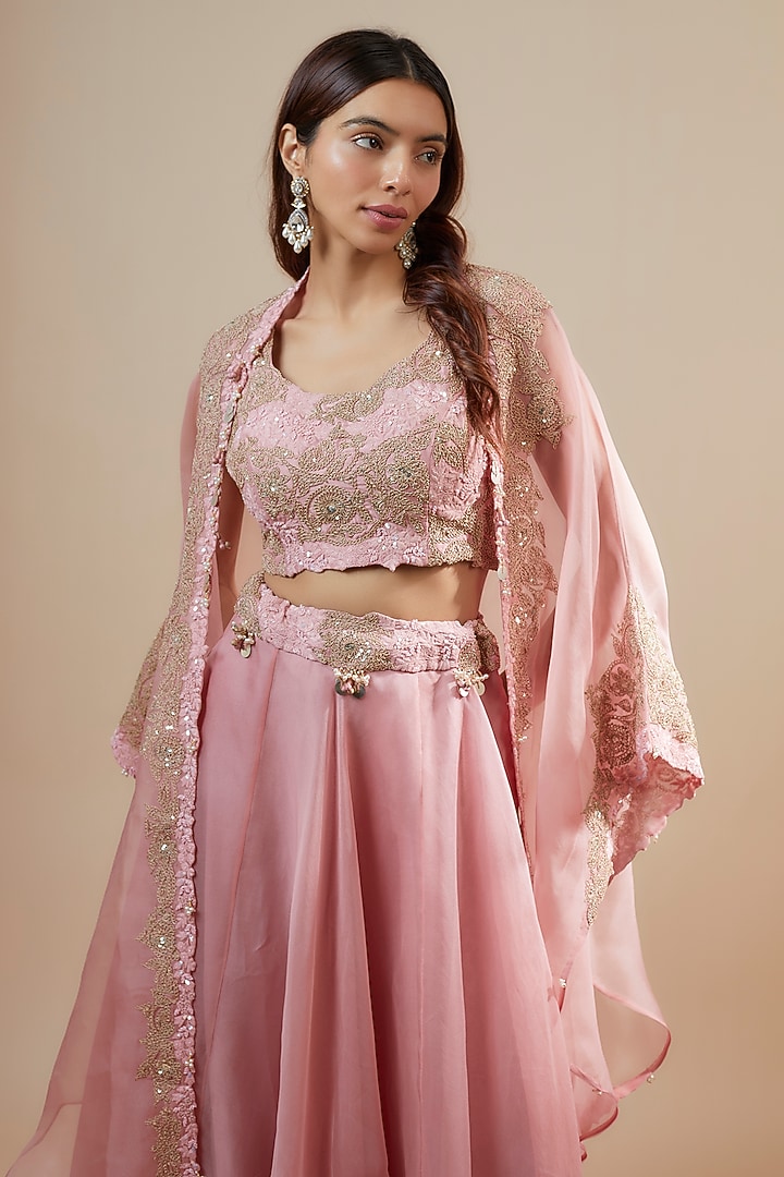 Pink Organza Zari Embroidered Cape Set by Prisho at Pernia's Pop Up Shop