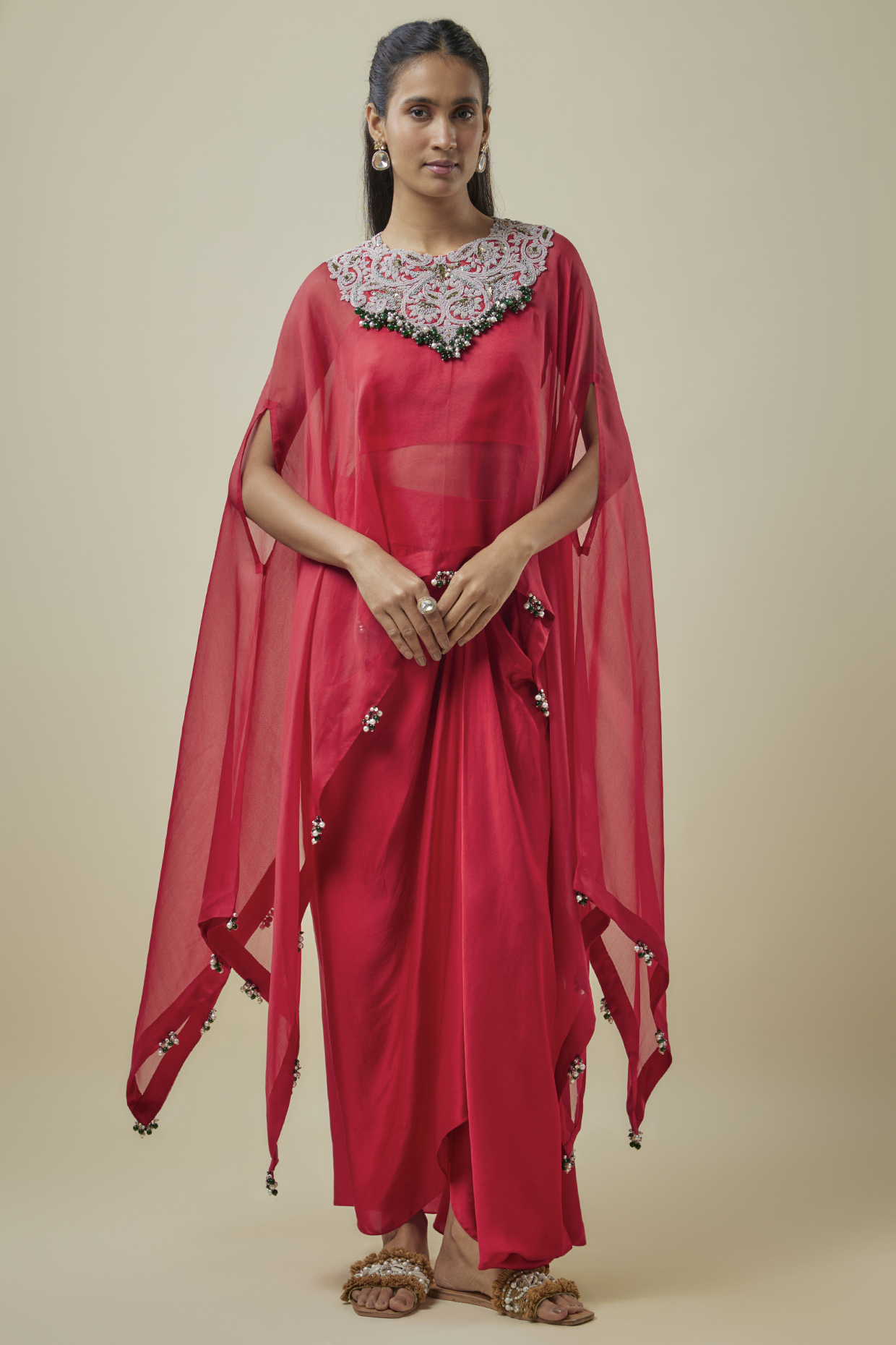 Red Organza Dori Work A-Line Kaftan Set by Prisho at Pernia's Pop Up Shop