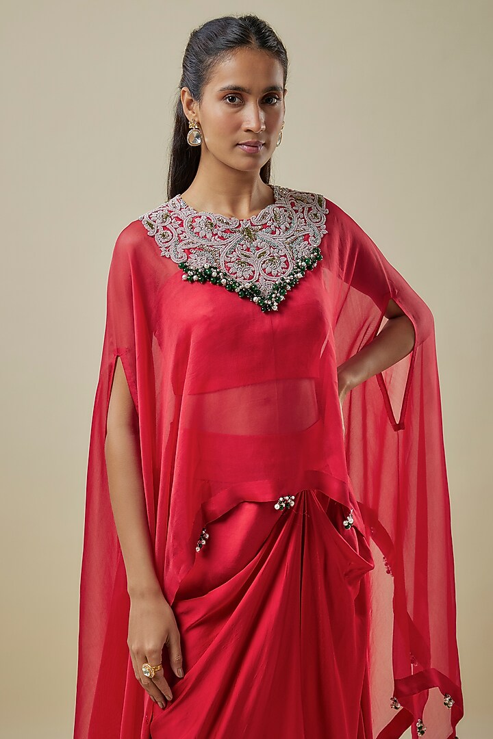 Red Organza Dori Work A-Line Kaftan Set by Prisho at Pernia's Pop Up Shop