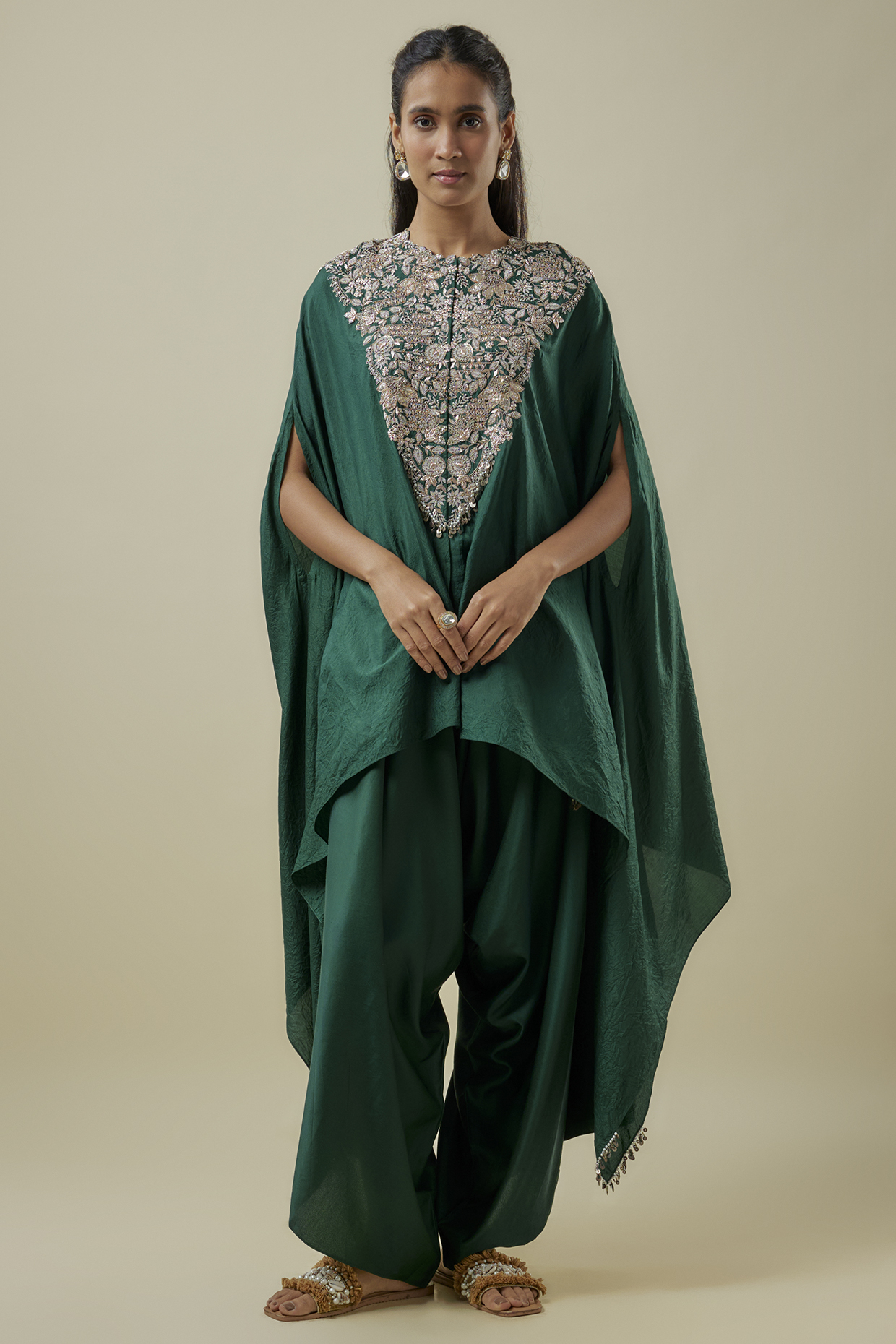 Bottle Green Crushed Silk Lampi Work Kaftan Set by Prisho at Pernia's Pop Up Shop